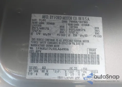 2002 Ford Expedition Eddie Bauer from USA, damaged, VIN 1FMRU17L52LA64906